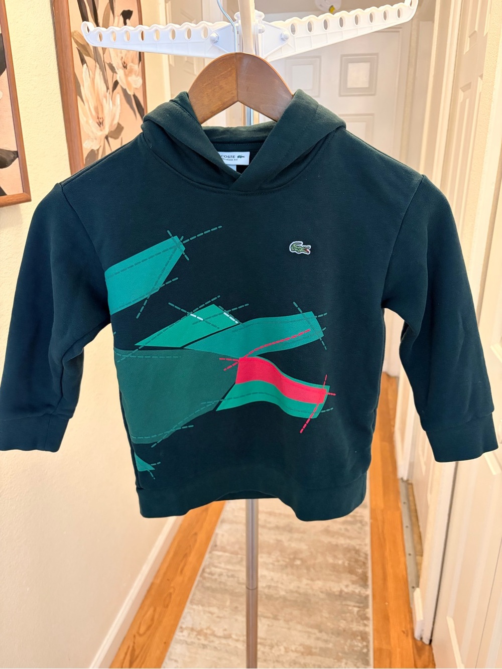 Lacoste Kids Dark Green Hoodie with Teal and Red Graphic